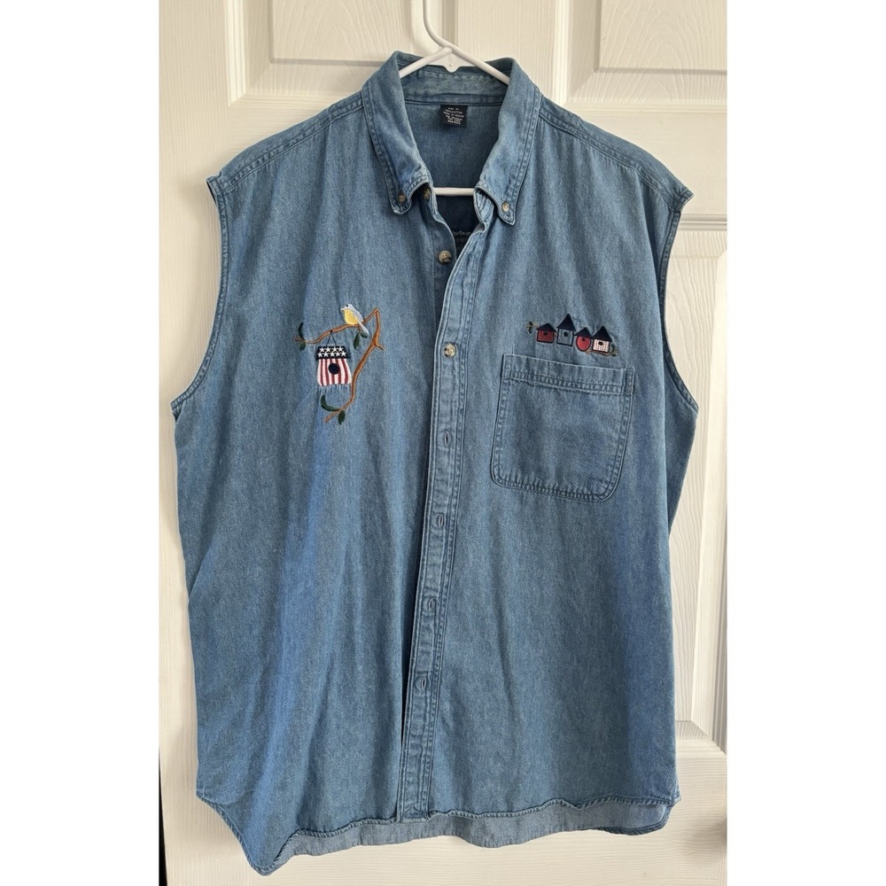 Vintage Bird House Embroidered Denim Button Up Sleeveless Shirt Women's XL